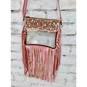 Hand Tooled Leather Clear Crossbody Purse Pink